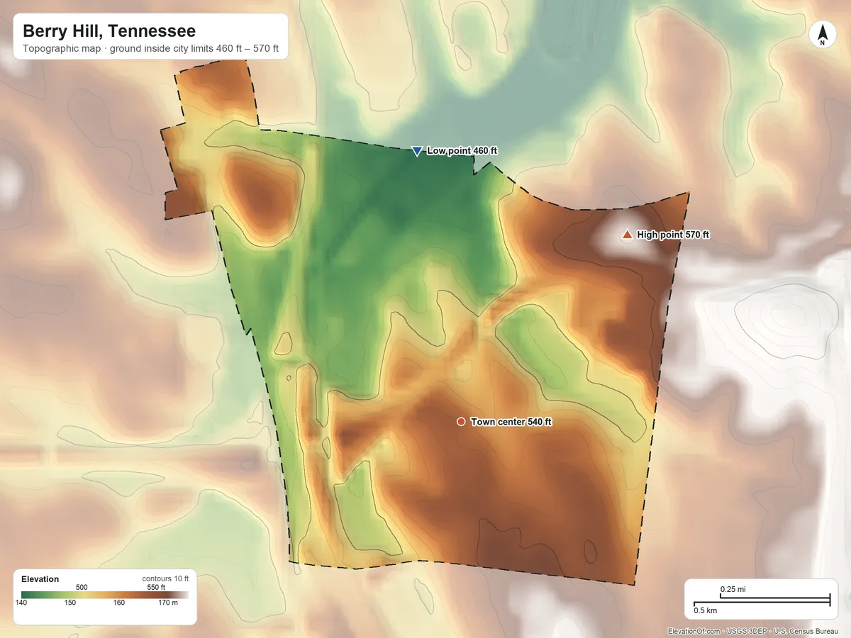 Topographic elevation map of Berry Hill, Tennessee, shaded from 460 ft on the north side to 570 ft on the northeast side
