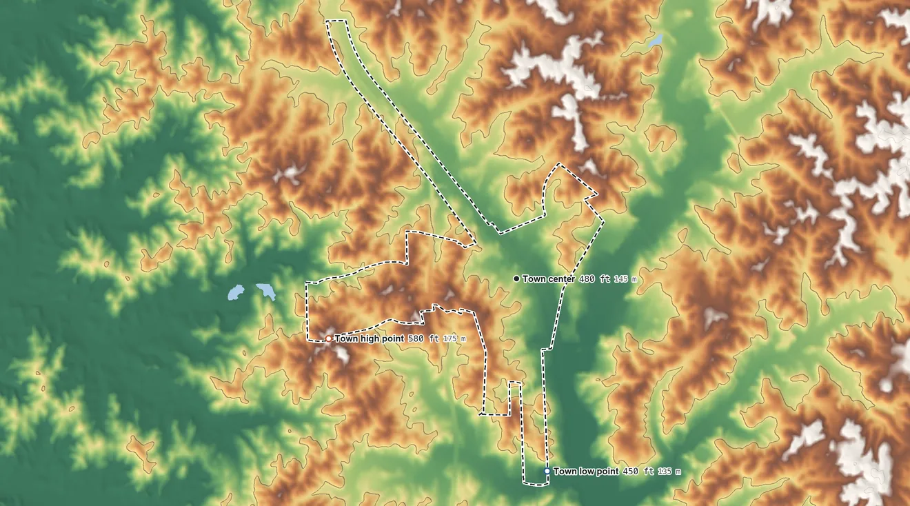 Topographic elevation map of Bethel Springs, Tennessee, shaded from 450 ft on the south side to 580 ft on the west side