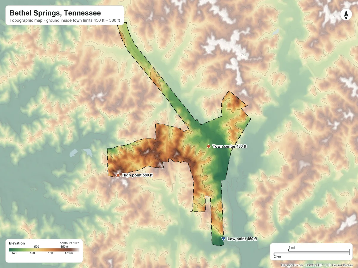 Topographic elevation map of Bethel Springs, Tennessee, shaded from 450 ft on the south side to 580 ft on the west side