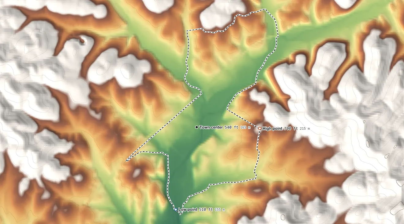 Topographic elevation map of Bethpage, Tennessee, shaded from 510 ft on the south side to 700 ft on the east edge, below higher ground just outside