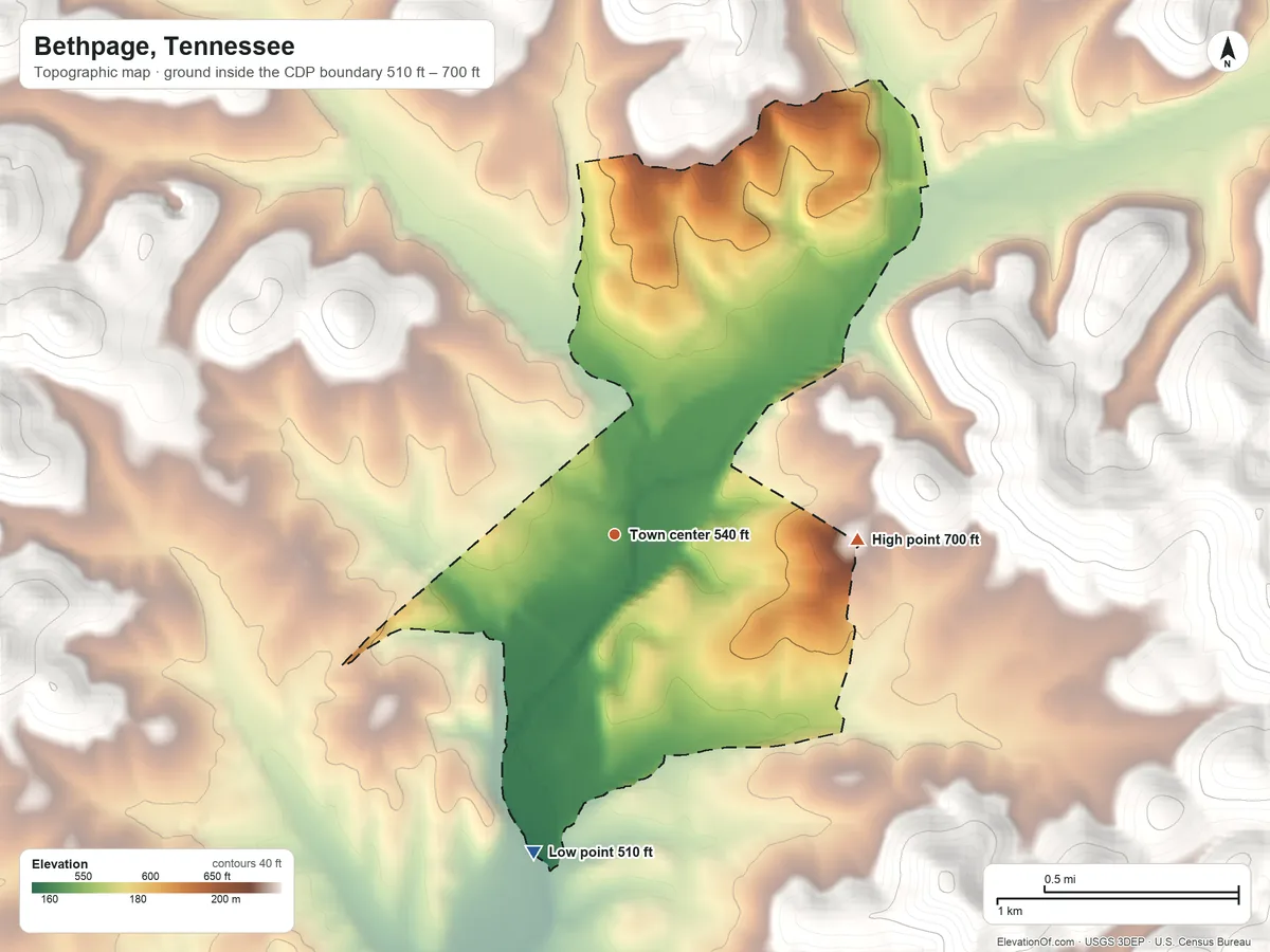 Topographic elevation map of Bethpage, Tennessee, shaded from 510 ft on the south side to 700 ft on the east edge, below higher ground just outside