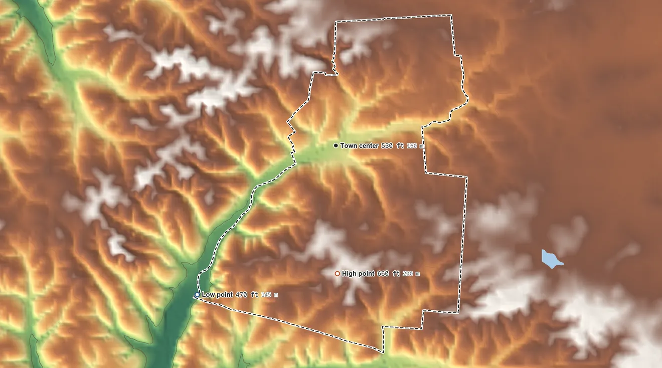 Topographic elevation map of Big Rock, Tennessee, shaded from 470 ft on the southwest side to 660 ft on the south side