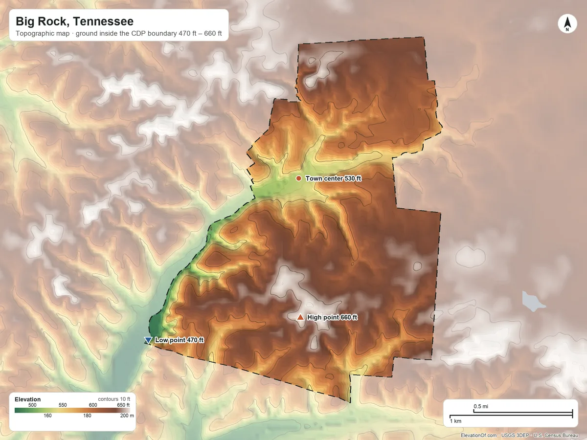 Topographic elevation map of Big Rock, Tennessee, shaded from 470 ft on the southwest side to 660 ft on the south side