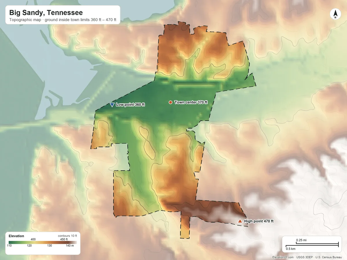 Topographic elevation map of Big Sandy, Tennessee, shaded from 360 ft on the west side to 470 ft on the southeast side
