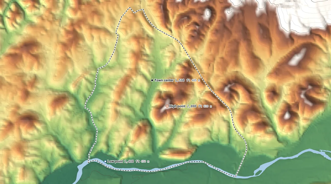 Topographic elevation map of Biltmore, Tennessee, shaded from 1,480 ft on the southwest side to 2,000 ft on the southeast side