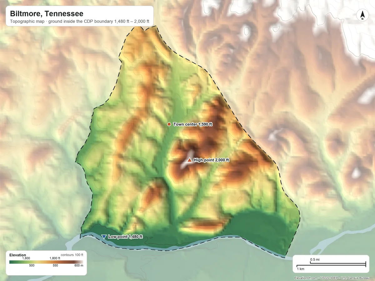 Topographic elevation map of Biltmore, Tennessee, shaded from 1,480 ft on the southwest side to 2,000 ft on the southeast side