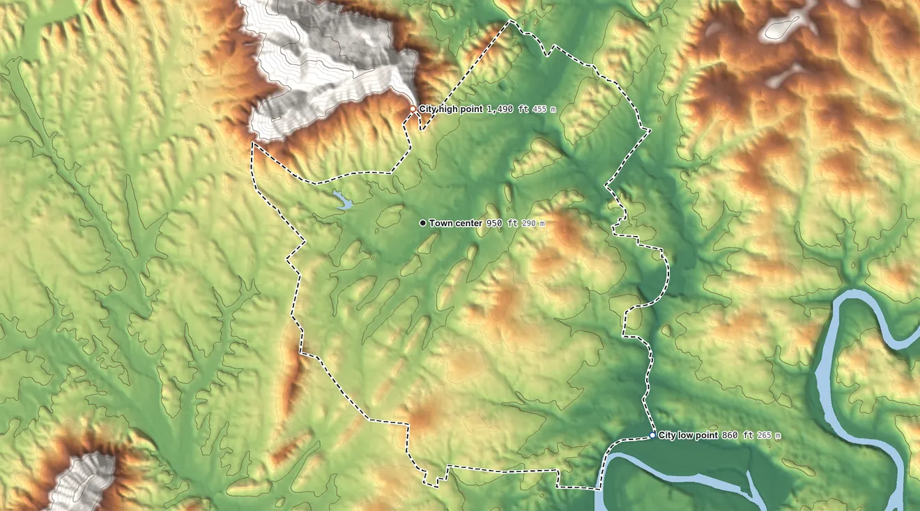 Topographic elevation map of Blaine, Tennessee, shaded from 860 ft on the southeast side to 1,490 ft at the foot of the Bays Mountain