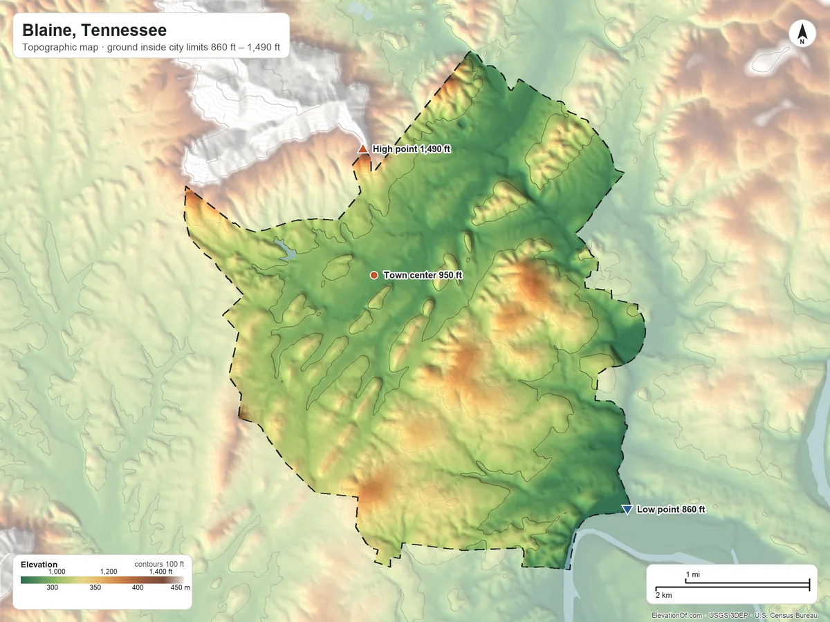 Topographic elevation map of Blaine, Tennessee, shaded from 860 ft on the southeast side to 1,490 ft at the foot of the Bays Mountain