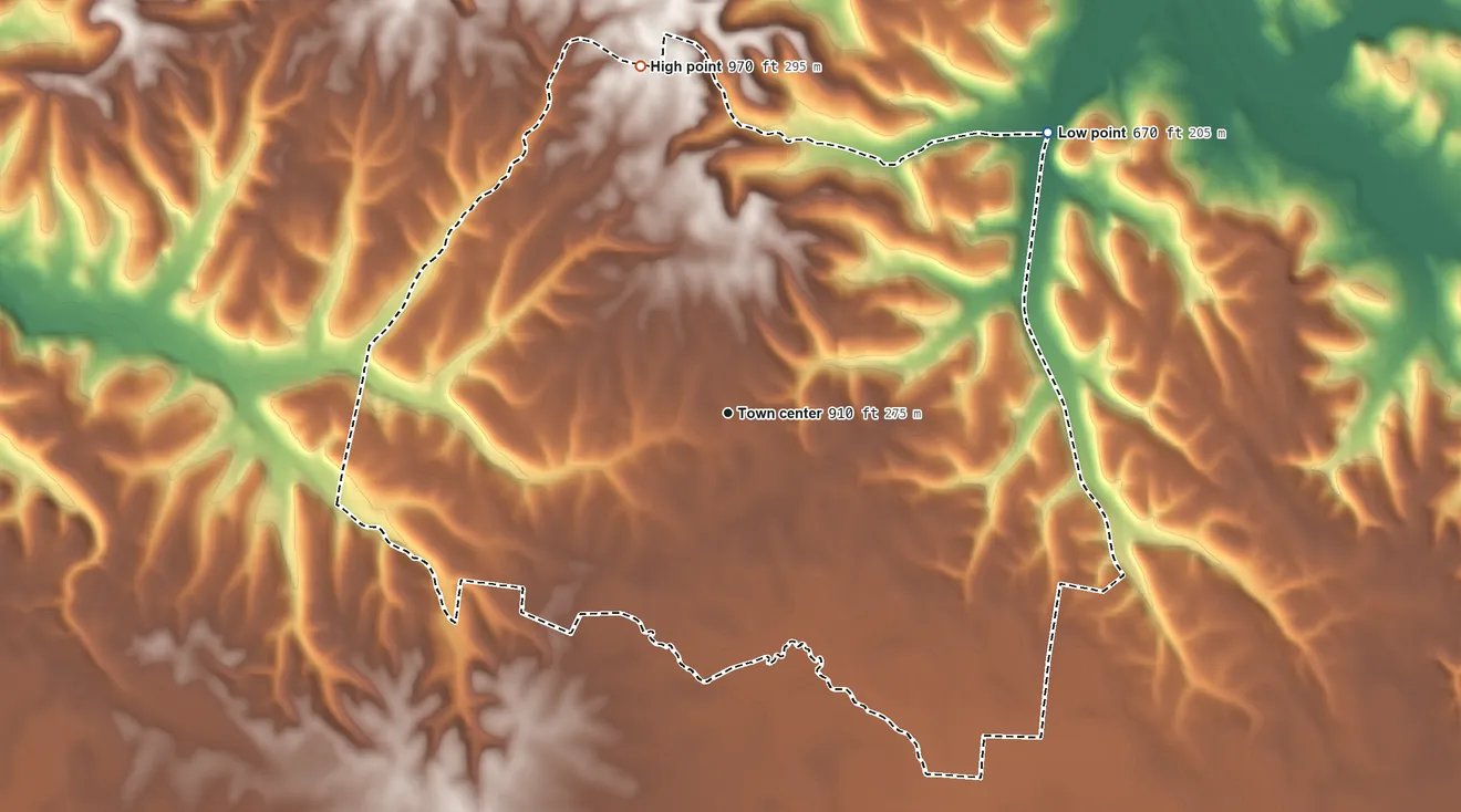Topographic elevation map of Blanche, Tennessee, shaded from 670 ft on the northeast side to 970 ft on the north side