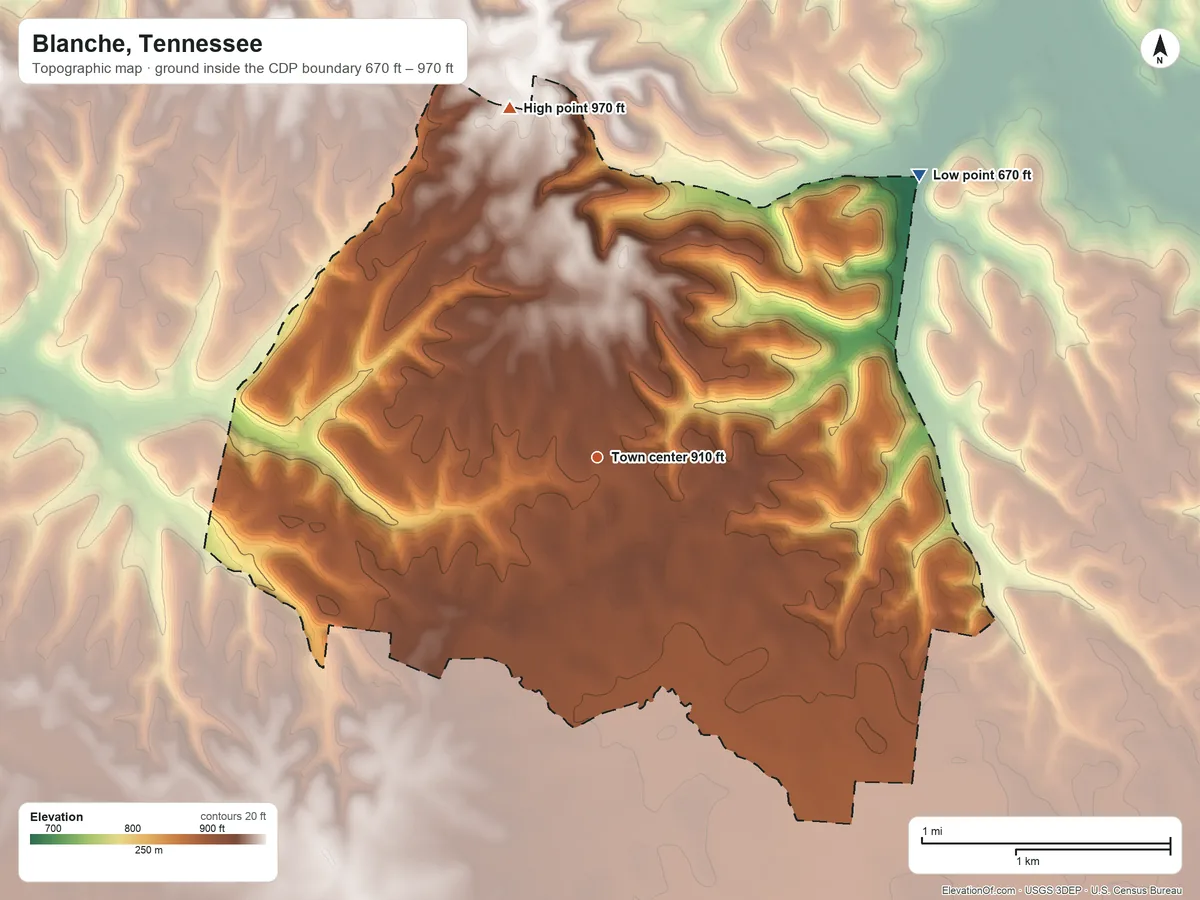 Topographic elevation map of Blanche, Tennessee, shaded from 670 ft on the northeast side to 970 ft on the north side