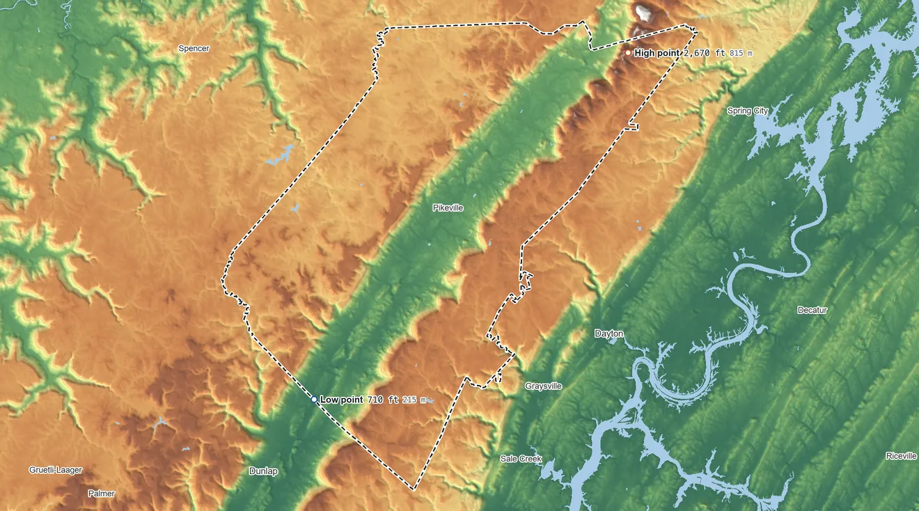 Topographic elevation map of Bledsoe County, Tennessee, shaded from 710 ft on the southwest side to 2,670 ft on the northeast side