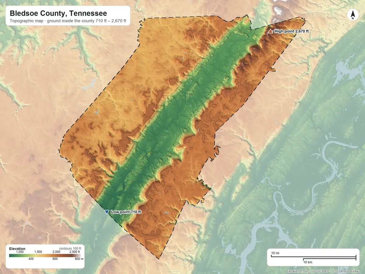 Topographic elevation map of Bledsoe County, Tennessee, shaded from 710 ft on the southwest side to 2,670 ft on the northeast side