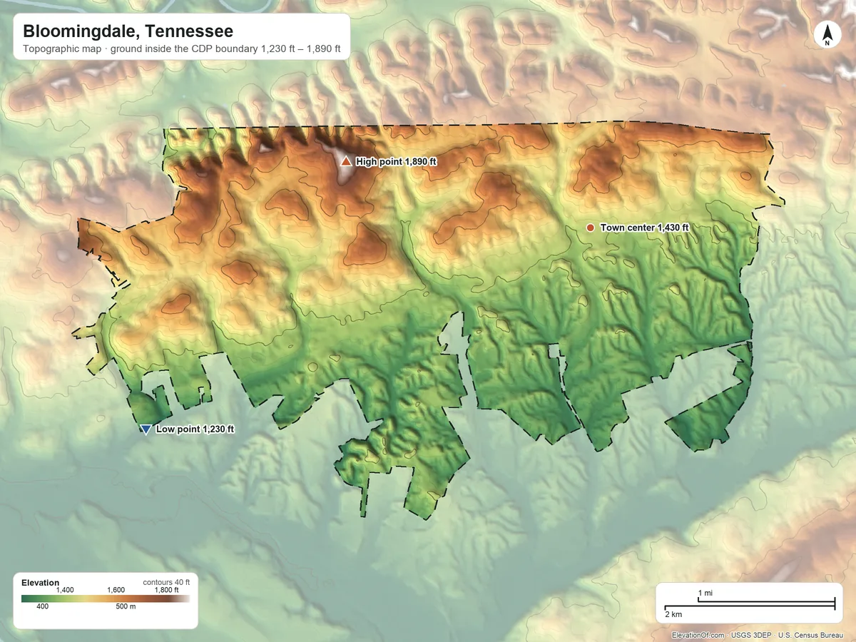 Topographic elevation map of Bloomingdale, Tennessee, shaded from 1,230 ft on the southwest side to 1,890 ft on the west side