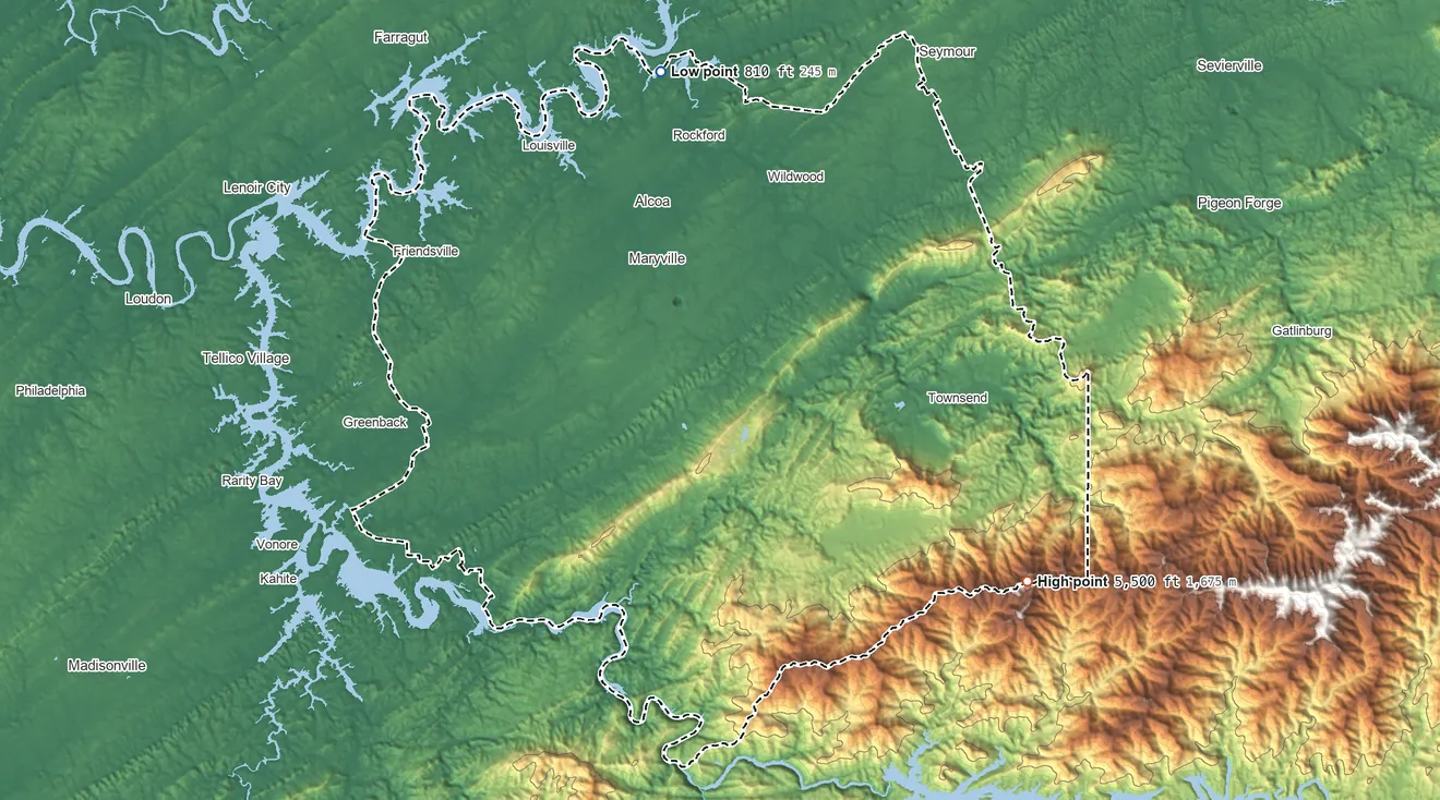Topographic elevation map of Blount County, Tennessee, shaded from 810 ft on the north side to 5,500 ft on the southeast side