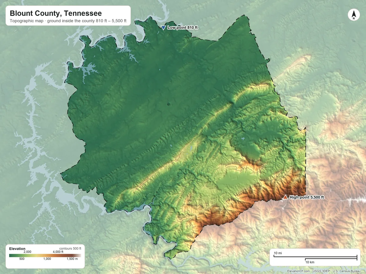 Topographic elevation map of Blount County, Tennessee, shaded from 810 ft on the north side to 5,500 ft on the southeast side