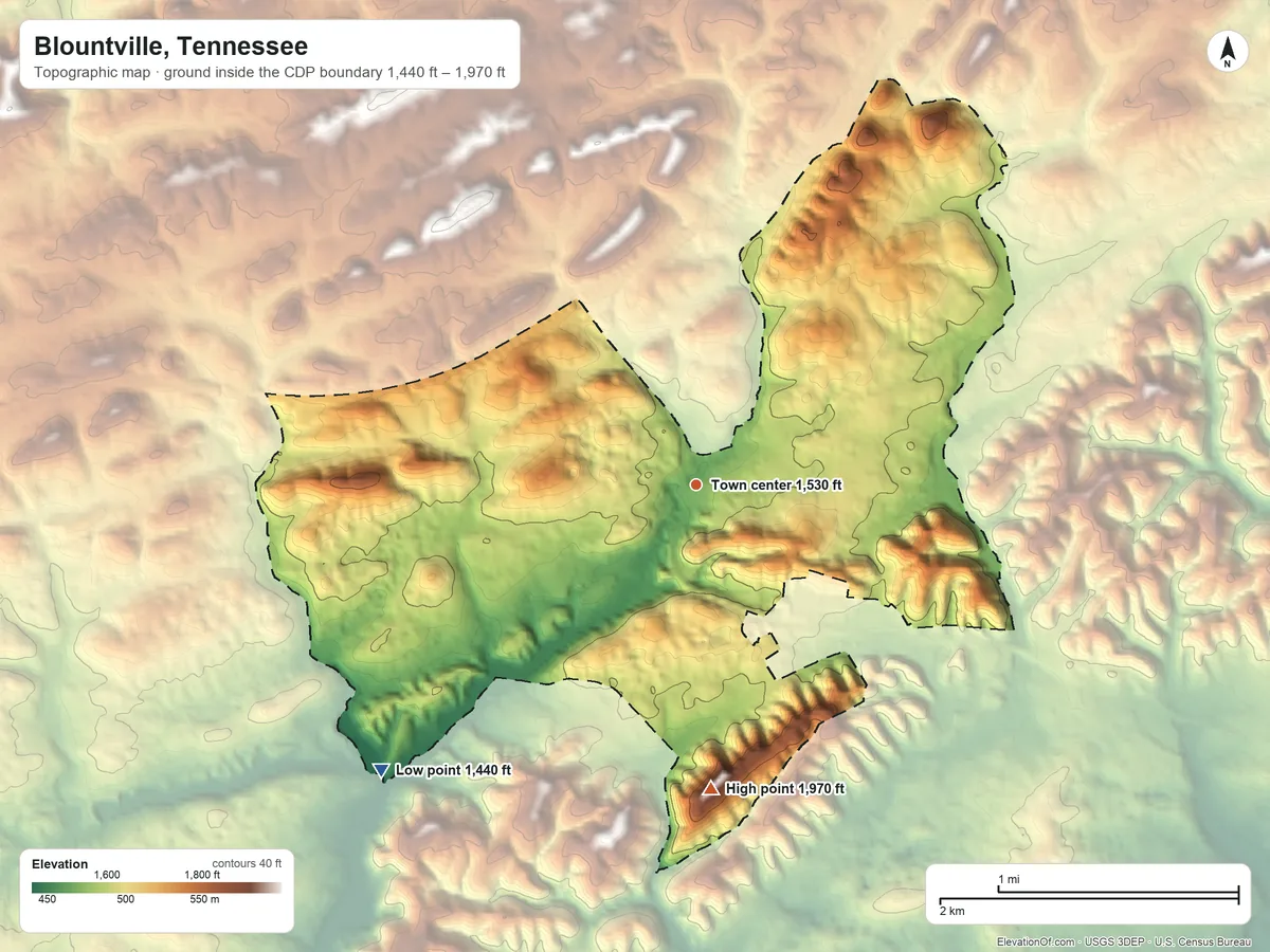 Topographic elevation map of Blountville, Tennessee, shaded from 1,440 ft on the southwest side to 1,970 ft on the south side