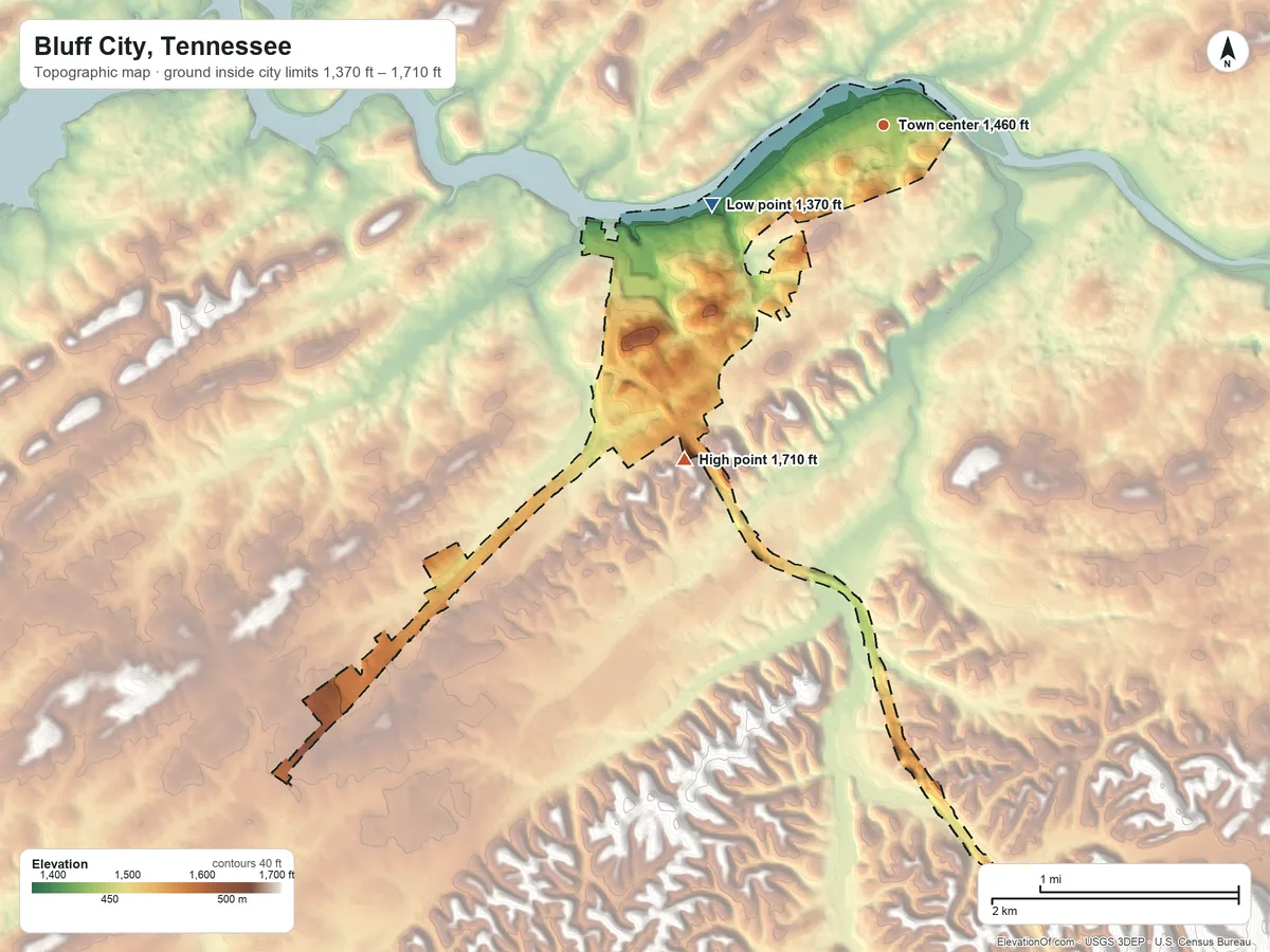 Topographic elevation map of Bluff City, Tennessee, shaded from 1,370 ft on the southwest side to 1,710 ft on the southwest side