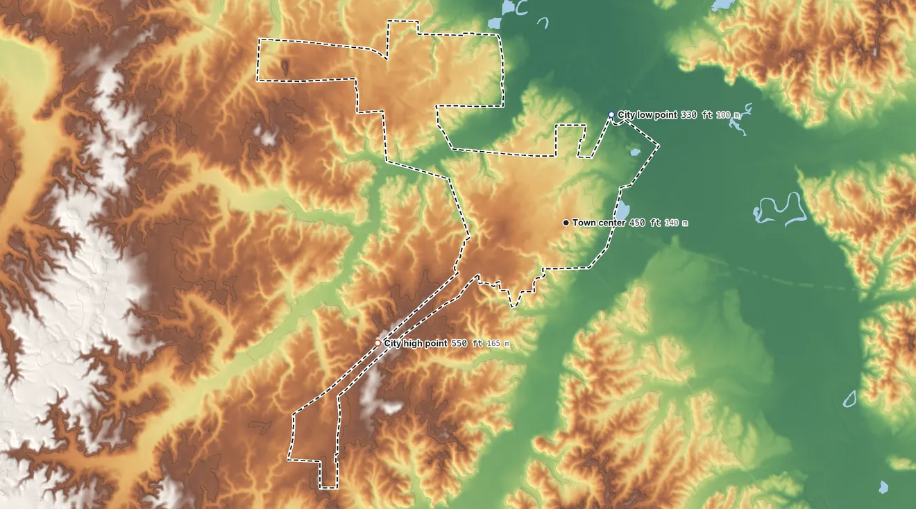 Topographic elevation map of Bolivar, Tennessee, shaded from 330 ft on the northeast side to 550 ft on the southwest side