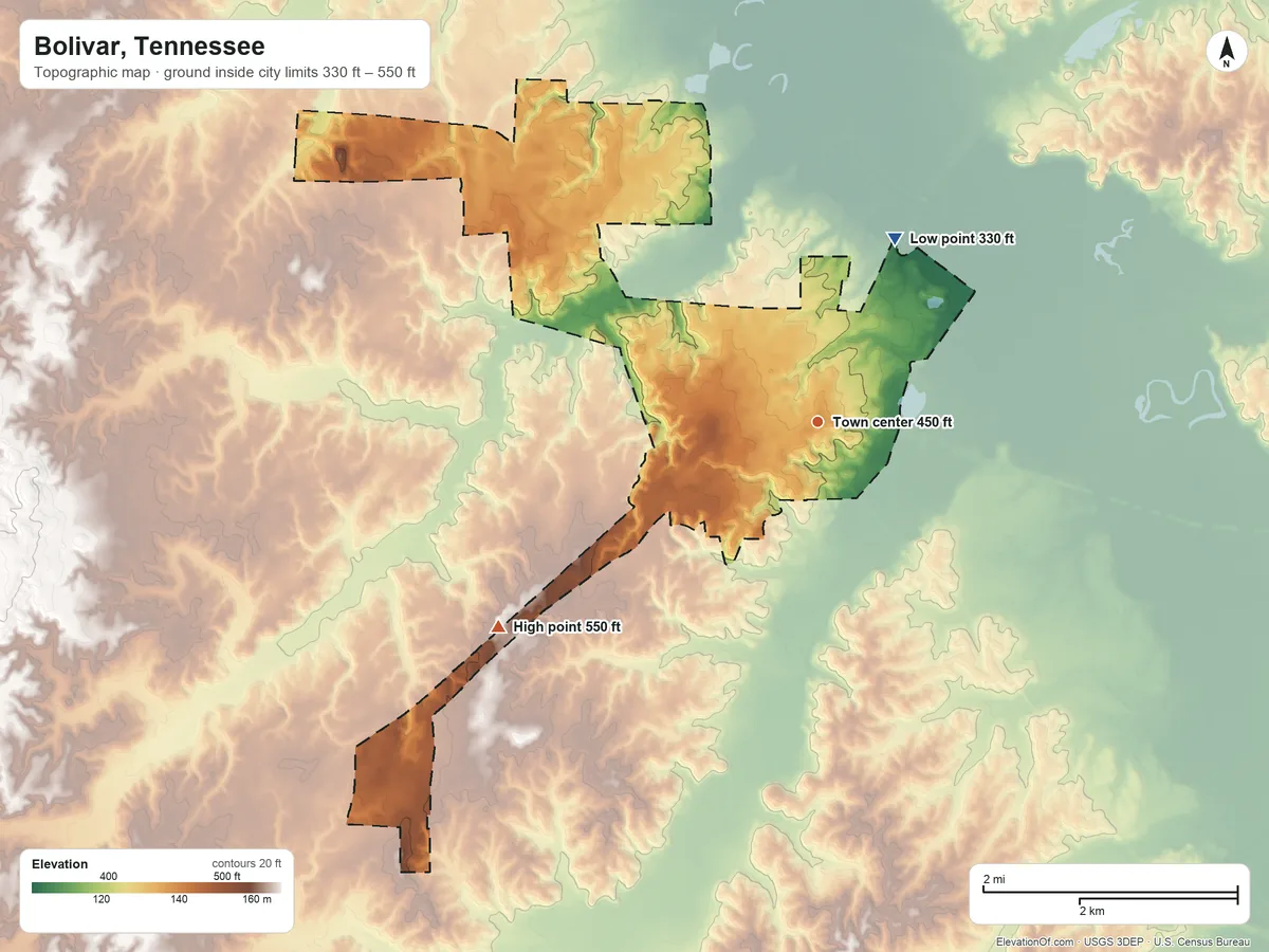 Topographic elevation map of Bolivar, Tennessee, shaded from 330 ft on the northeast side to 550 ft on the southwest side