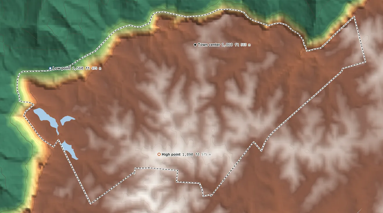 Topographic elevation map of Bon Air, Tennessee, shaded from 1,560 ft on the west side to 1,890 ft on the south side