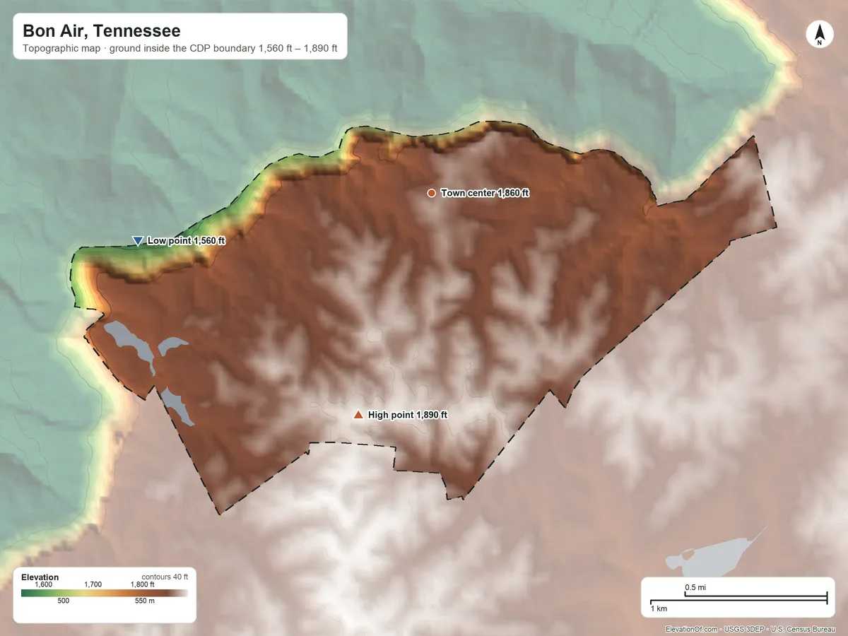 Topographic elevation map of Bon Air, Tennessee, shaded from 1,560 ft on the west side to 1,890 ft on the south side