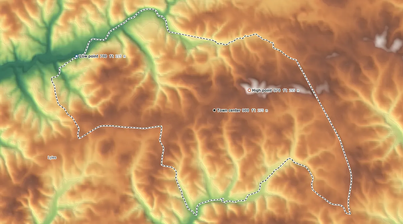 Topographic elevation map of Bon Aqua Junction, Tennessee, shaded from 700 ft on the west side to 970 ft on the northeast side