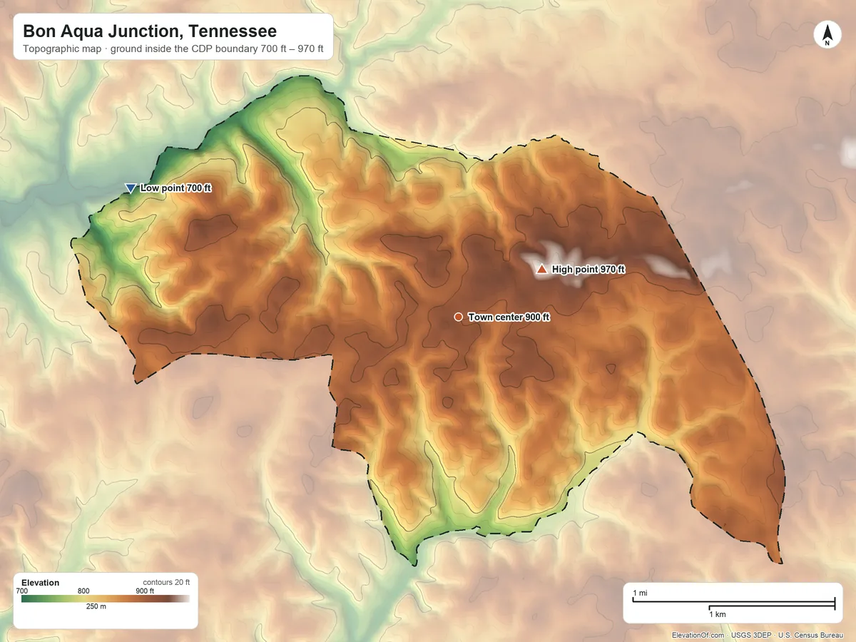 Topographic elevation map of Bon Aqua Junction, Tennessee, shaded from 700 ft on the west side to 970 ft on the northeast side