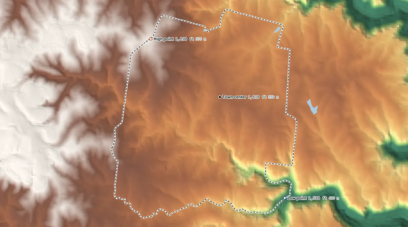 Topographic elevation map of Bowman, Tennessee, shaded from 1,580 ft on the southeast side to 1,890 ft on the northwest side