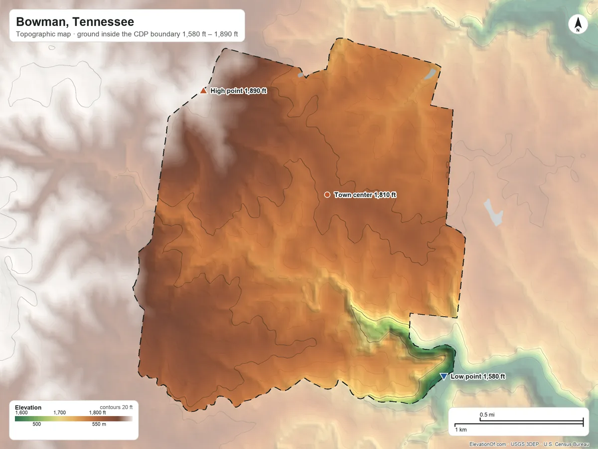 Topographic elevation map of Bowman, Tennessee, shaded from 1,580 ft on the southeast side to 1,890 ft on the northwest side