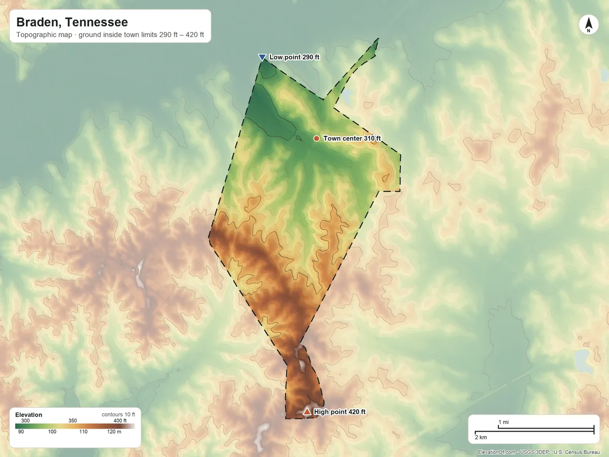 Topographic elevation map of Braden, Tennessee, shaded from 290 ft on the northwest side to 420 ft on the south side