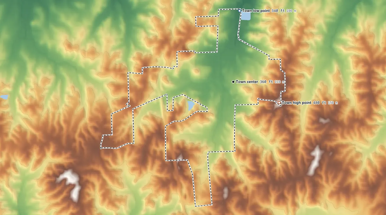 Topographic elevation map of Bradford, Tennessee, shaded from 340 ft on the north side to 480 ft on the southeast side