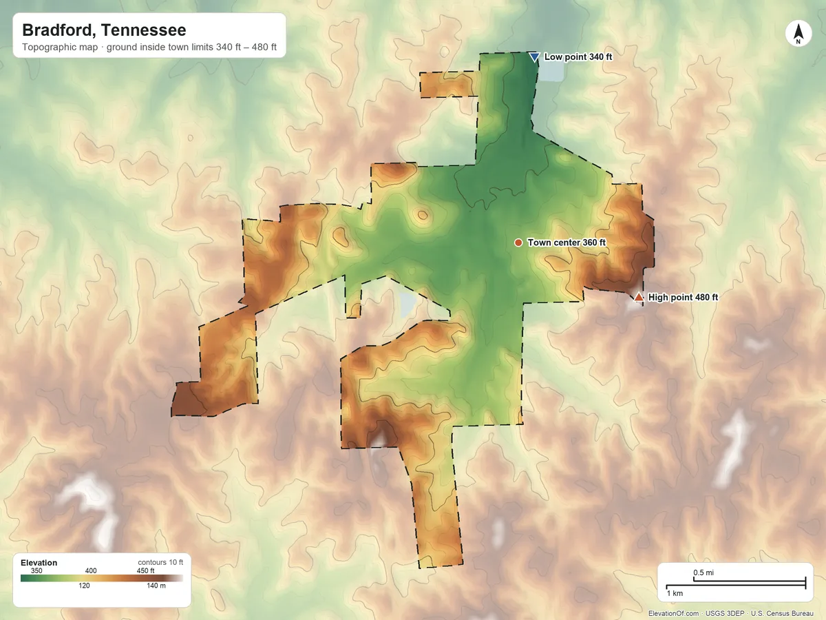 Topographic elevation map of Bradford, Tennessee, shaded from 340 ft on the north side to 480 ft on the southeast side