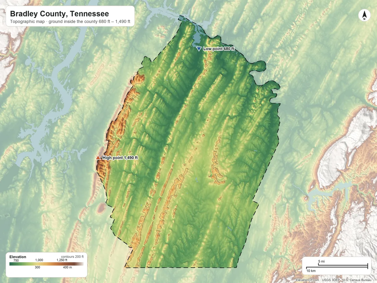 Topographic elevation map of Bradley County, Tennessee, shaded from 680 ft on the north side to 1,490 ft on the west side