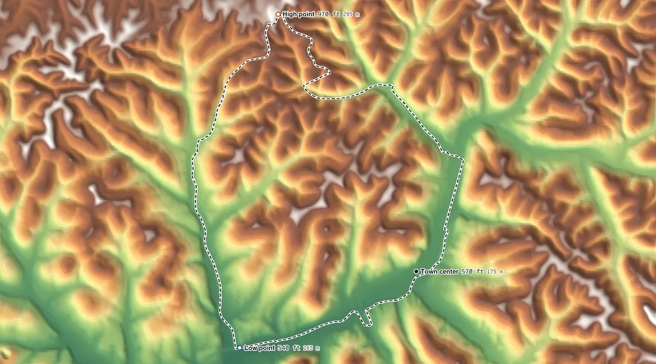 Topographic elevation map of Bransford, Tennessee, shaded from 540 ft on the southwest side to 970 ft on the northwest side