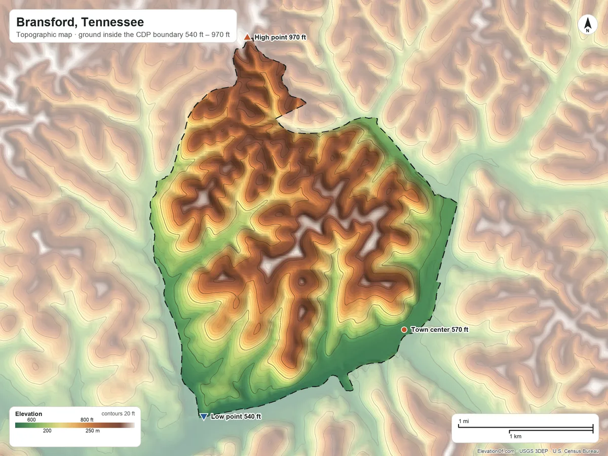 Topographic elevation map of Bransford, Tennessee, shaded from 540 ft on the southwest side to 970 ft on the northwest side