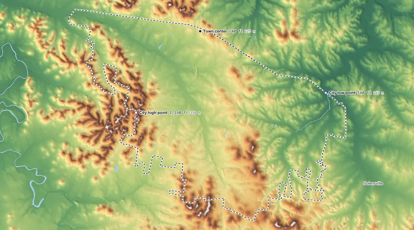 Topographic elevation map of Brentwood, Tennessee, shaded from 540 ft on the southeast side to 1,140 ft on the southwest side