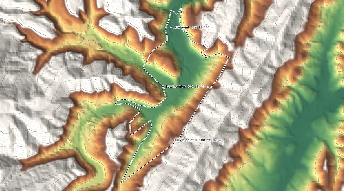 Topographic elevation map of Briceville, Tennessee, shaded from 880 ft on the north side to 1,180 ft on the south edge, below higher ground just outside