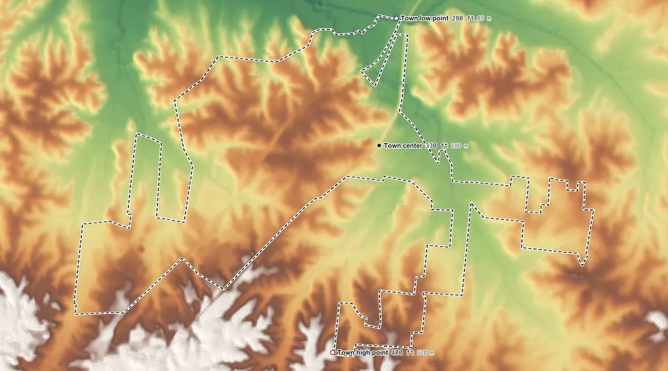 Topographic elevation map of Brighton, Tennessee, shaded from 280 ft on the north side to 400 ft on the south side