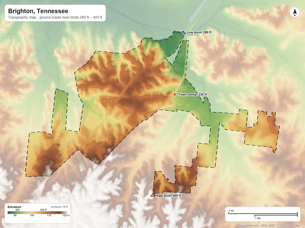 Topographic elevation map of Brighton, Tennessee, shaded from 280 ft on the north side to 400 ft on the south side