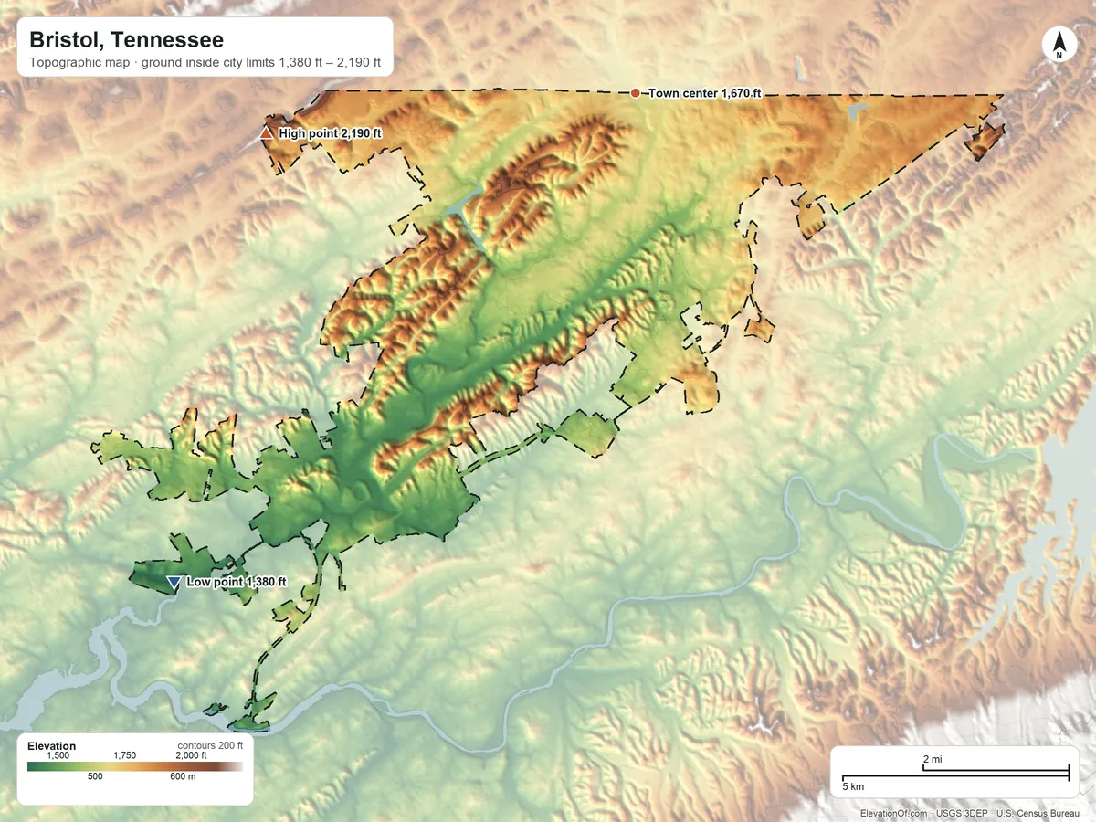 Topographic elevation map of Bristol, Tennessee, shaded from 1,380 ft on the southwest side to 2,190 ft on the west side