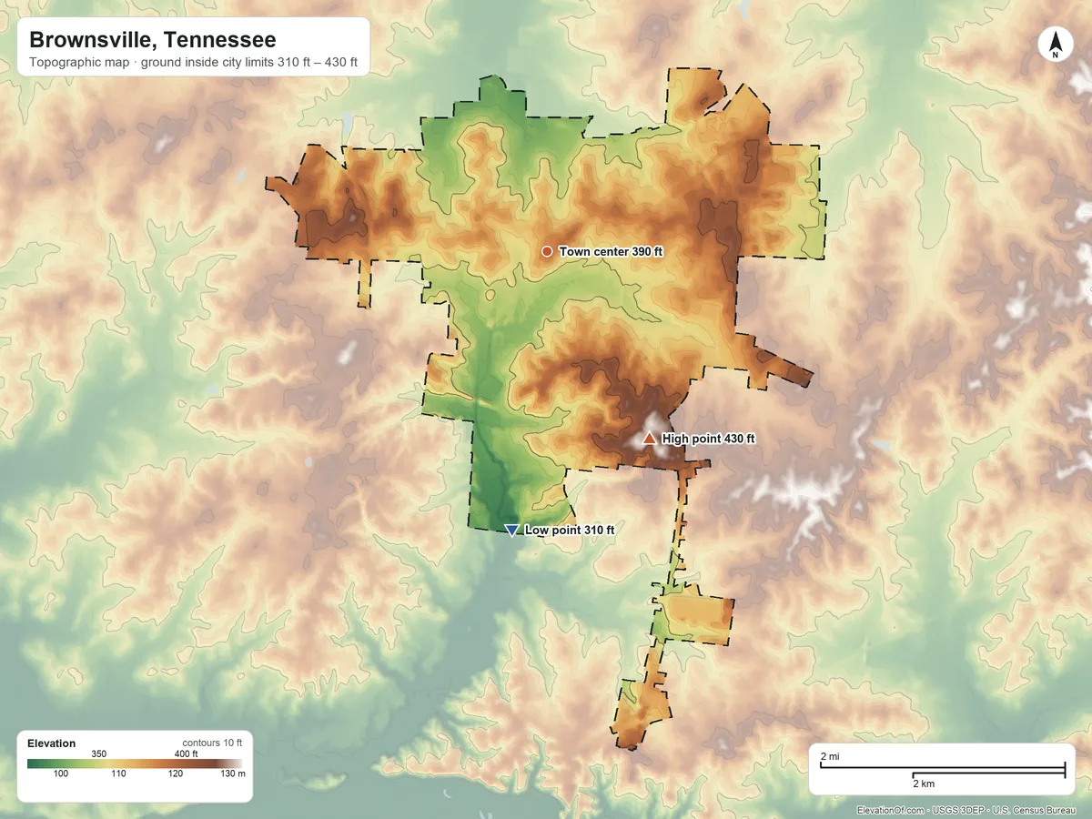 Topographic elevation map of Brownsville, Tennessee, shaded from 310 ft on the south side to 430 ft on the southeast side