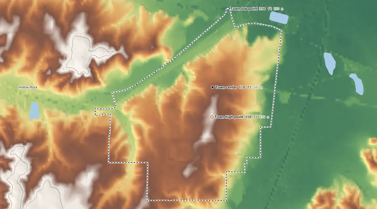 Topographic elevation map of Bruceton, Tennessee, shaded from 390 ft on the north side to 490 ft on the south side