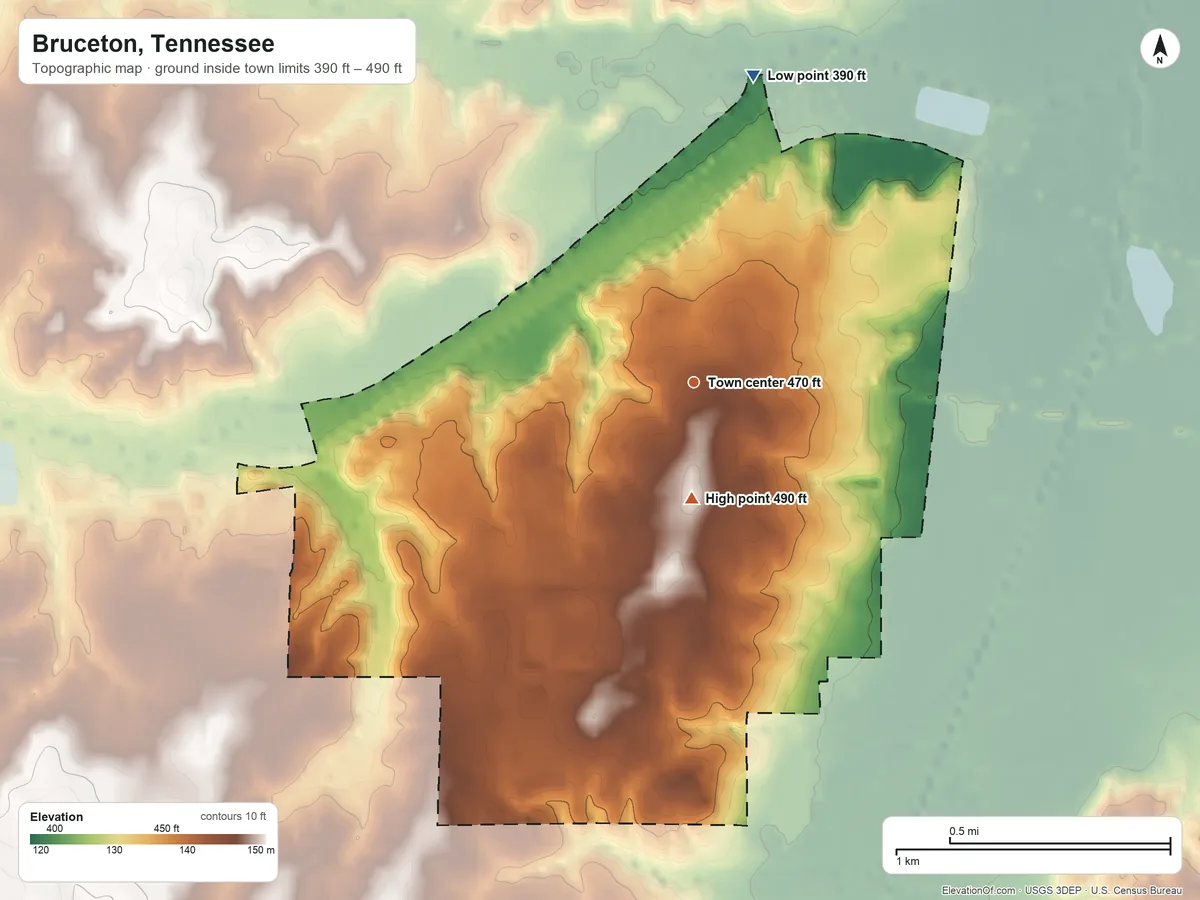 Topographic elevation map of Bruceton, Tennessee, shaded from 390 ft on the north side to 490 ft on the south side