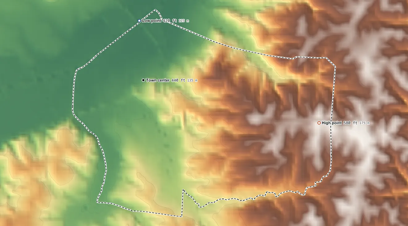 Topographic elevation map of Buchanan, Tennessee, shaded from 420 ft on the north side to 580 ft on the east side