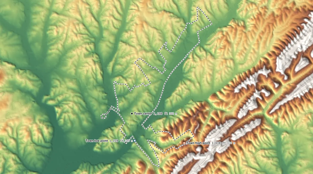 Topographic elevation map of Bulls Gap, Tennessee, shaded from 1,110 ft on the south side to 1,410 ft on the southeast side