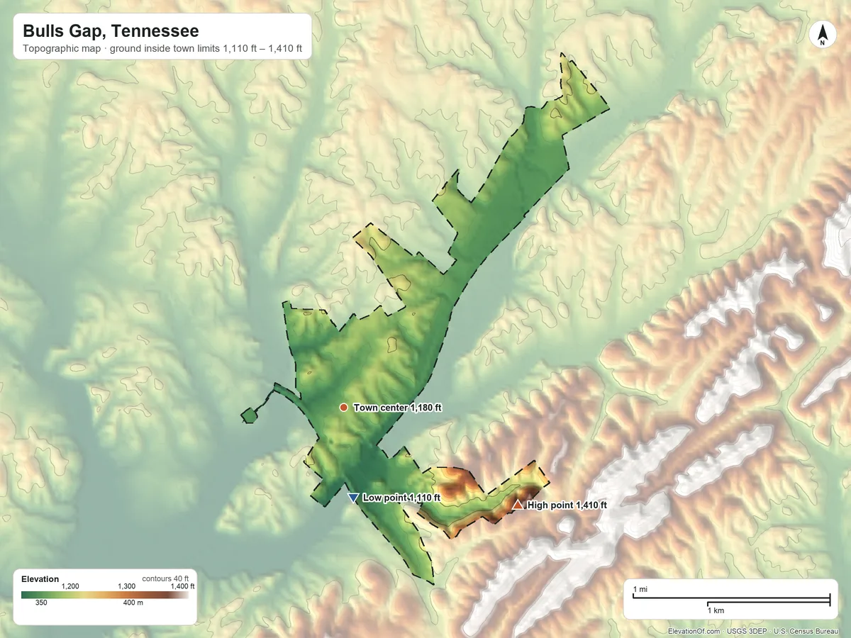 Topographic elevation map of Bulls Gap, Tennessee, shaded from 1,110 ft on the south side to 1,410 ft on the southeast side