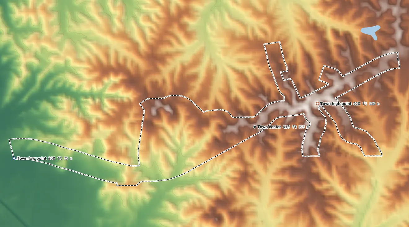 Topographic elevation map of Burlison, Tennessee, shaded from 250 ft on the west side to 420 ft on the east side