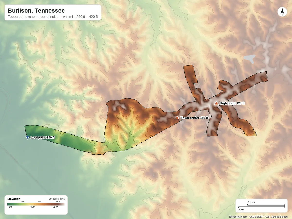 Topographic elevation map of Burlison, Tennessee, shaded from 250 ft on the west side to 420 ft on the east side
