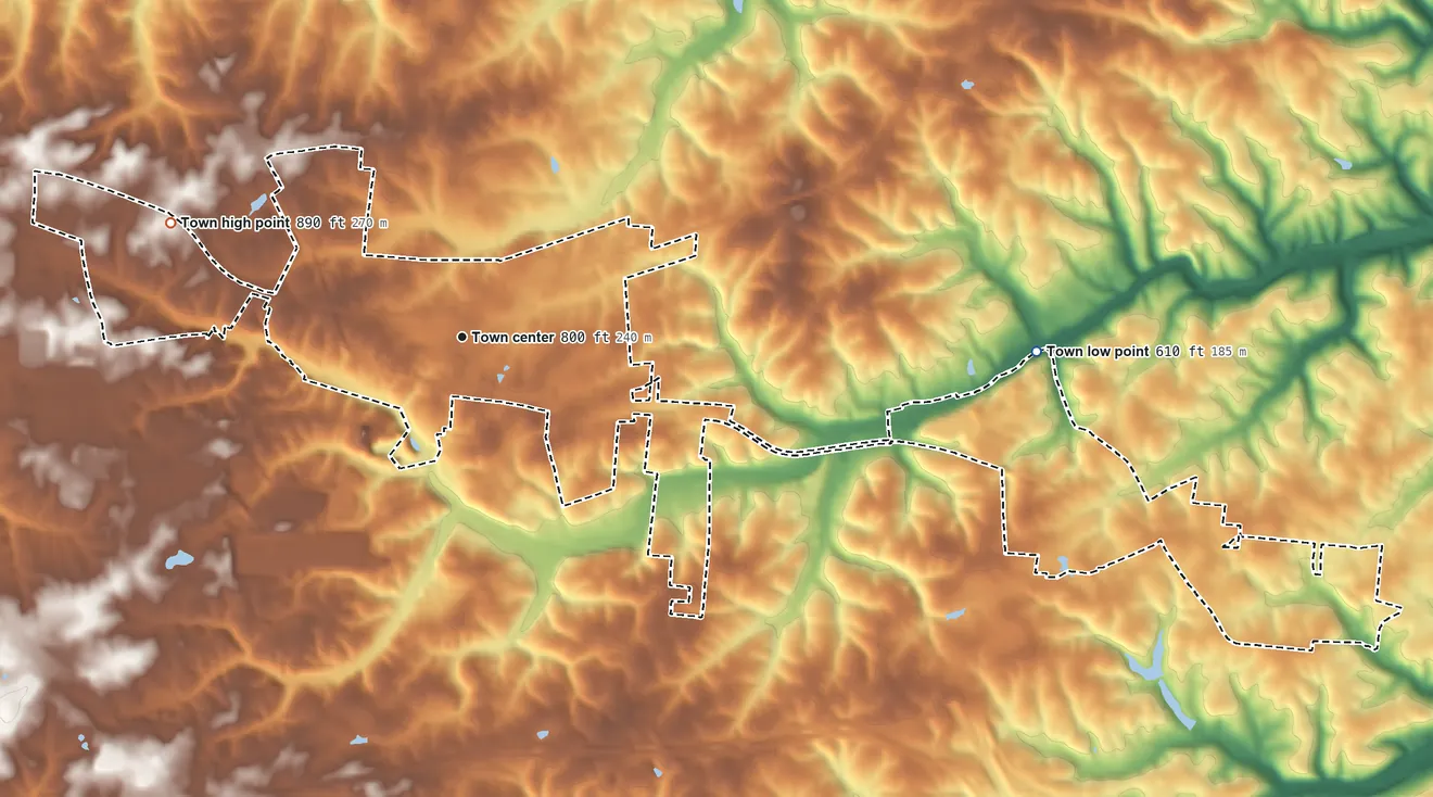 Topographic elevation map of Burns, Tennessee, shaded from 610 ft on the east side to 890 ft on the west side
