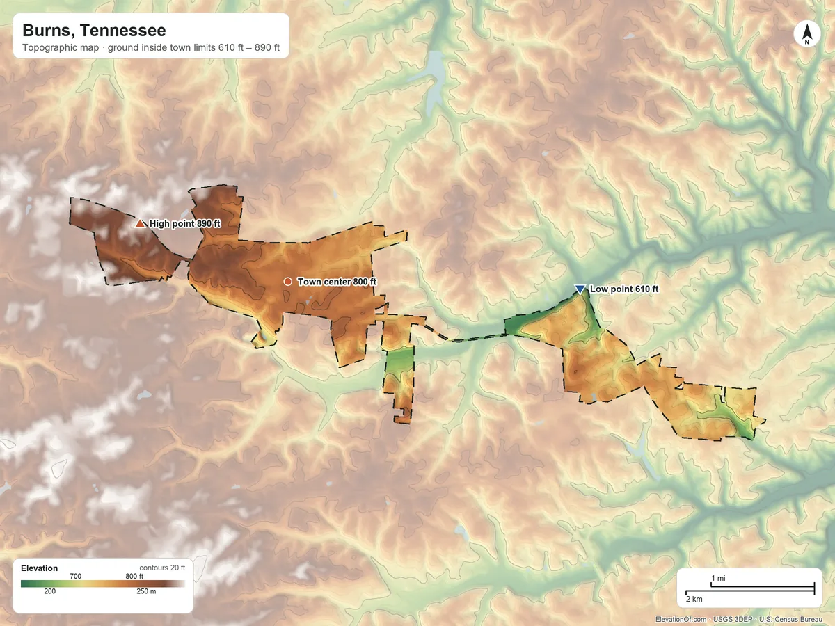 Topographic elevation map of Burns, Tennessee, shaded from 610 ft on the east side to 890 ft on the west side